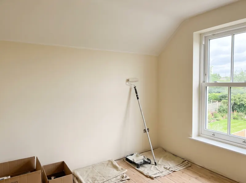 Freshly painted walls and ceiling with a roller and dust sheets