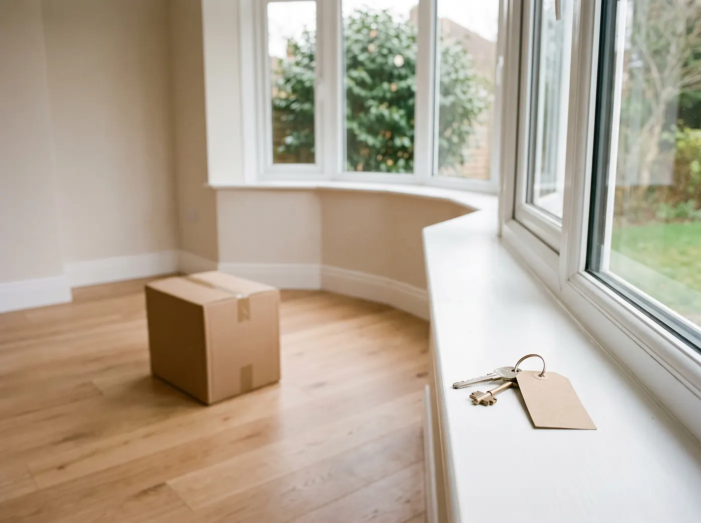 Empty finished living room with house keys on the windowsill