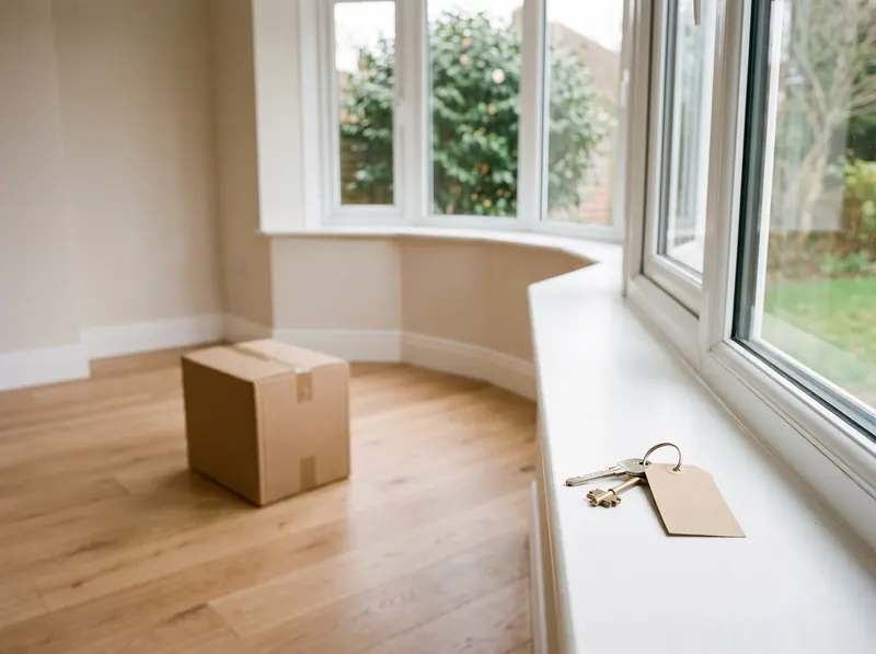 Empty finished living room with house keys on the windowsill